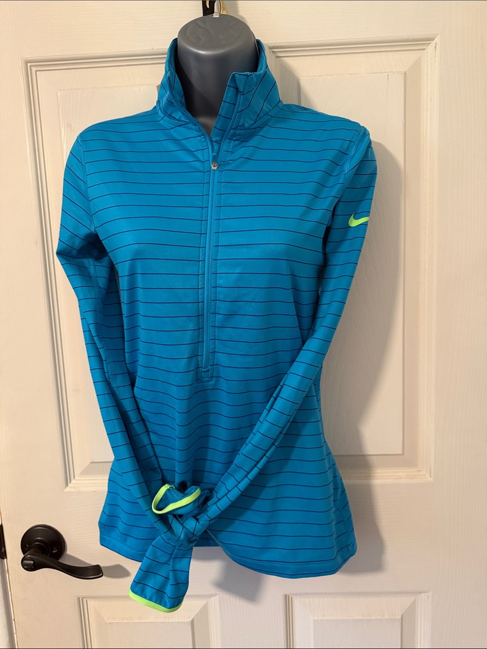 Nike Women's Blue Striped Quarter-Zip Pullover with Neon Accent